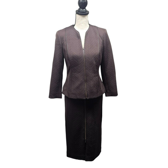 Doncaster Suit Midi Skirt Jacket Zip Up Womens size 4 Leather Trim Office Siren - Picture 1 of 15